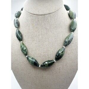 925 Sterling Silver Natural Green Nephrite Jade Seed Pearl Necklace 19”